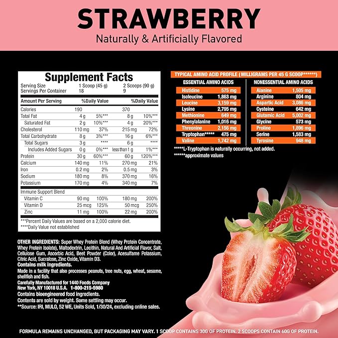 Body Fortress Super Advanced Whey Protein Powder, Strawberry, Immune Support (1), Vitamins C & D