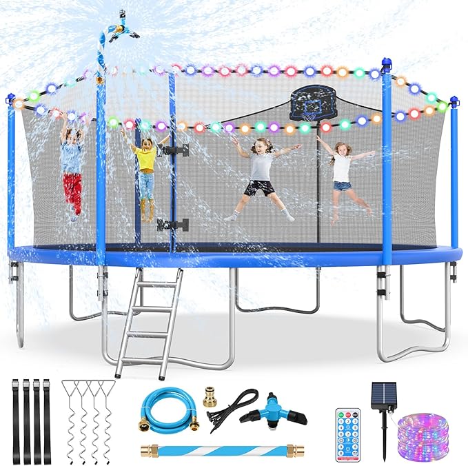 Upgraded 10/12/14/15/16FT Trampoline Outdoor, Large Kids Trampoline with Light, Stakes, Sprinkler