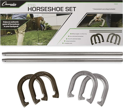 Champion Sports Horseshoe Set: Traditional Outdoor Lawn Game includes Four Professional Solid Steel