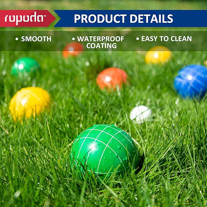 ropoda 90mm Bocce Ball Set with 8 Polyresin Balls, Pallino, Case and Measuring Rope for