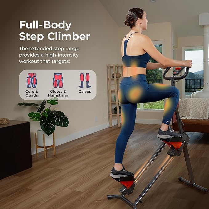 Sunny Health & Fitness Stair Stepper w/Handlebar, Extended Step Range Climber Machine for Legs