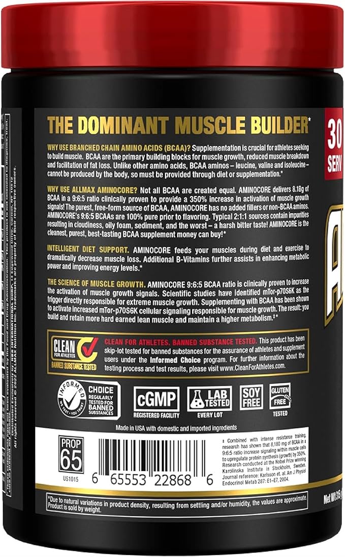 ALLMAX Nutrition AMINOCORE BCAA Powder, 8.18 Grams of Amino Acids, Intra and Post Workout Recovery