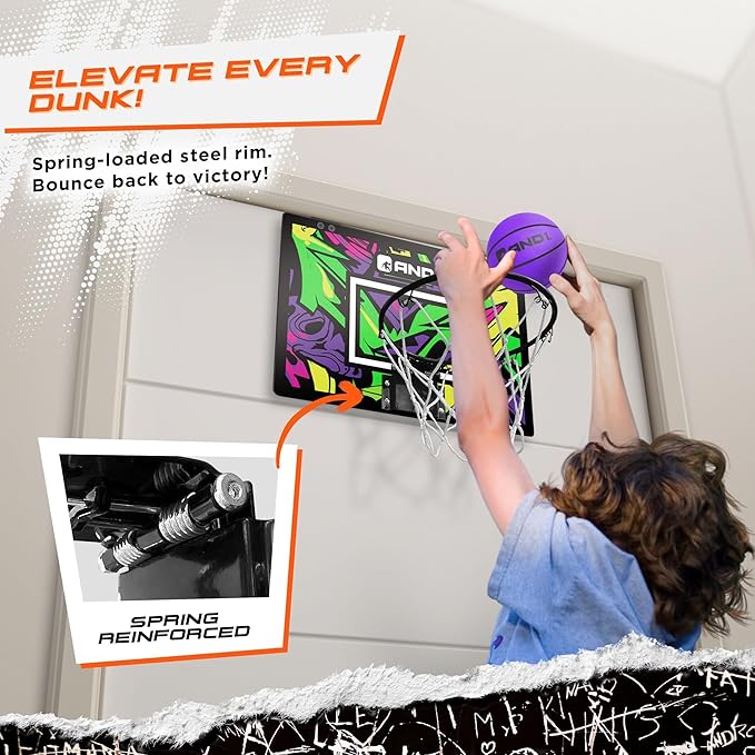 AND1 Over the Door Mini Basketball Hoop: 18x12 Shatterproof Backboard, 2 Mini Basketballs, and Hand