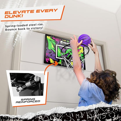 AND1 Over the Door Mini Basketball Hoop: 18x12 Shatterproof Backboard, 2 Mini Basketballs, and Hand