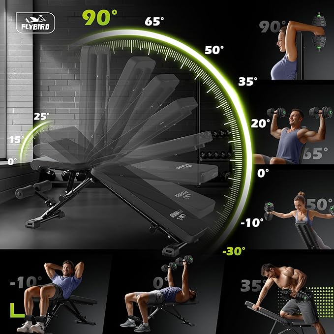 FLYBIRD Weight Bench, Adjustable Strength Training Bench for Full Body Workout with Fast