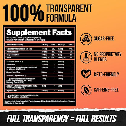 ALPHA LION Superhuman Pump Pre Workout Powder, Nootropic Caffeine & Stim Free Preworkout
