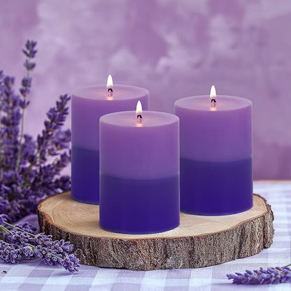 KONNI Purple Layered Pillar Candles Set of 3, 3"x 4" Unscented Pillar Candles Bulk, 39 Hours Long