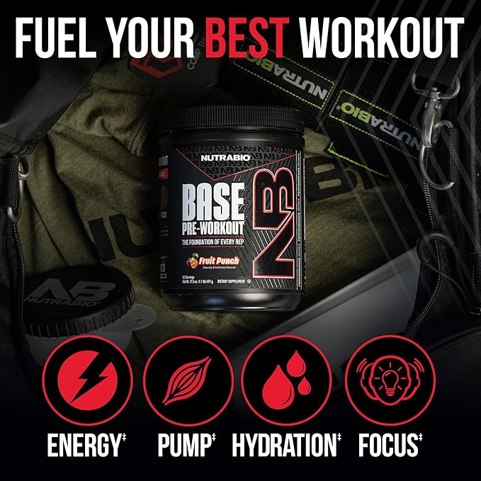NutraBio Base Pre-Workout Powder 200mg Caffiene, Sustained Energy, Focus, Endurance, Pump, Sugar