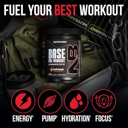NutraBio Base Pre-Workout Powder 200mg Caffiene, Sustained Energy, Focus, Endurance, Pump, Sugar