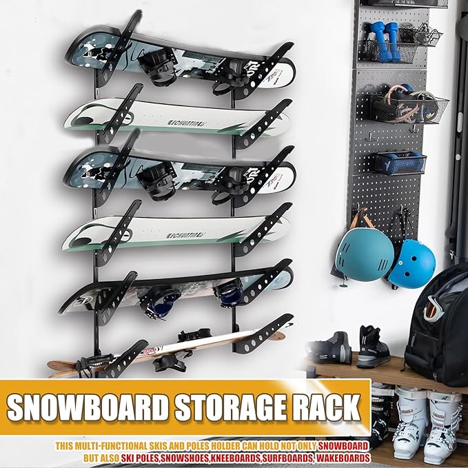 6 Board Snowboard Wall Racks, Adjustable Storage Rack for Ski, Surfboard, Wakeboard, Snowboard Wall