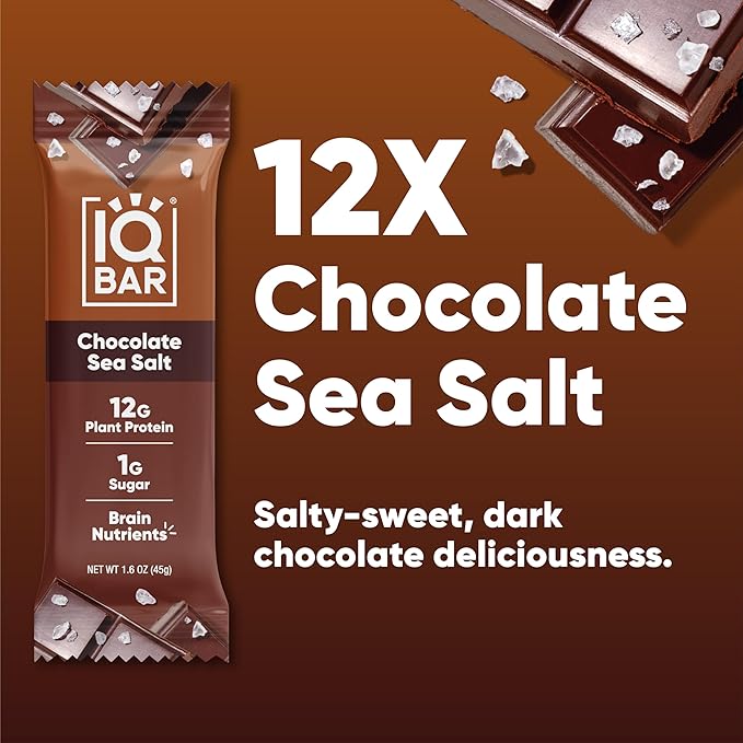 IQBAR Brain and Body Plant Protein Bars - Chocolate Sea Salt - 12-Count Low Carb - Gluten Free