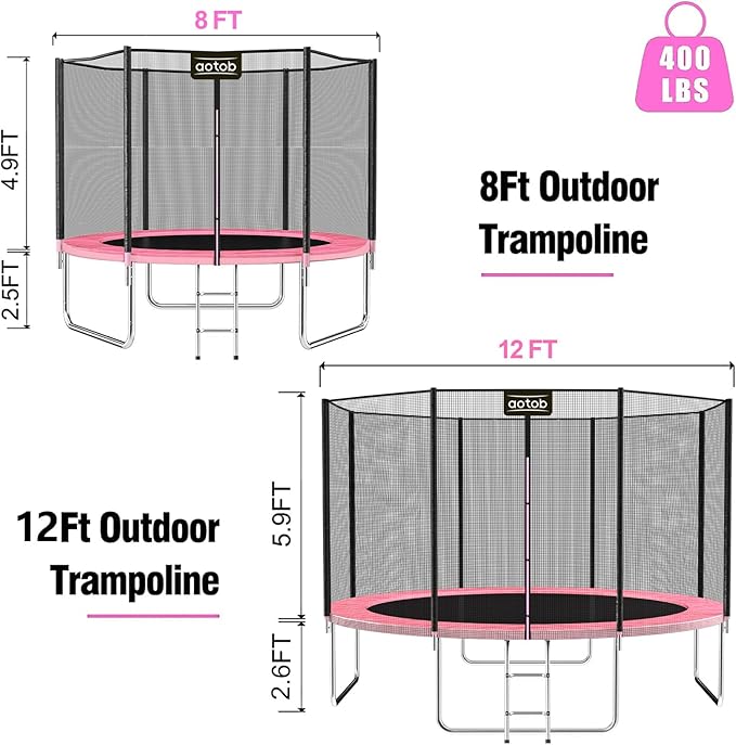 AOTOB 8FT 10FT 12FT 14 FT 15FT Trampoline with Safety Enclosure Net，Outdoor Trampoline with