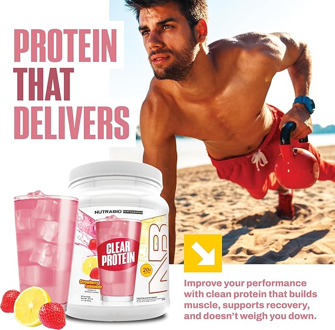 NutraBio Clear Protein Powder, Strawberry Lemonade - 20 Servings, 20g Clear Whey Protein Isolate, 0