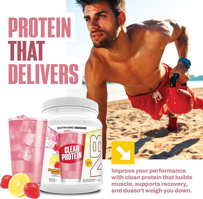 NutraBio Clear Protein Powder, Strawberry Lemonade - 20 Servings, 20g Clear Whey Protein Isolate, 0