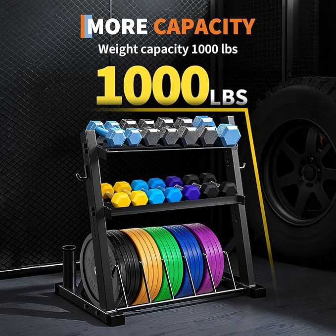 3 Tier Barbell Storage Racks,1000 LBS Capacity Adjustable Weight Rack for Dumbbell, Kettlebell