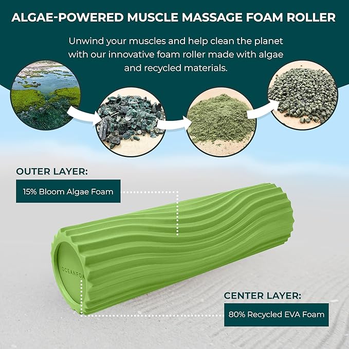 Oceanfoam Tidal Roller - Algae Green - Muscle Massage Foam Roller for Back Pain & Stretching - Firm