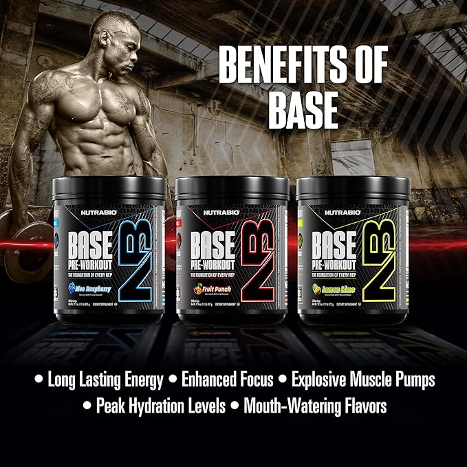 NutraBio Base Pre-Workout Powder 200mg Caffeine, Sustained Energy, Focus, Endurance, Pump, Sugar