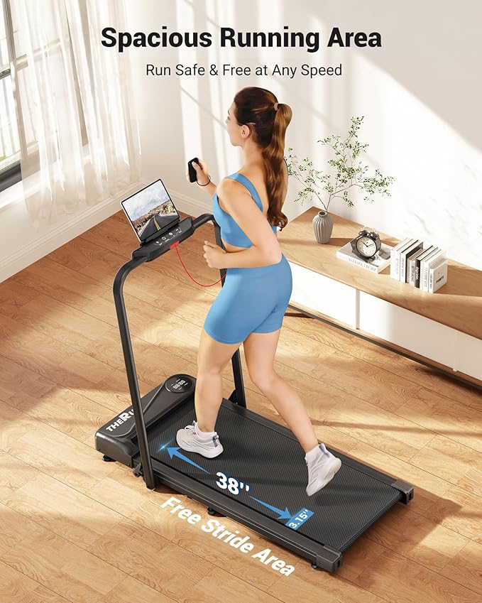 THERUN Walking Pad, 2 in 1 Foldable Treadmills for Home, 2.5HP Under Desk with Handle Bar, 16"