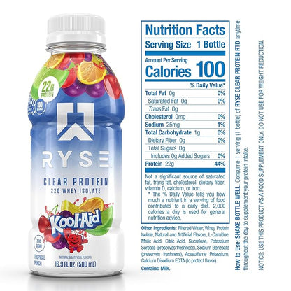 RYSE Clear Protein Shake - Kool-Aid Tropical Punch - 100 Calories, 22g Whey Isolate Protein