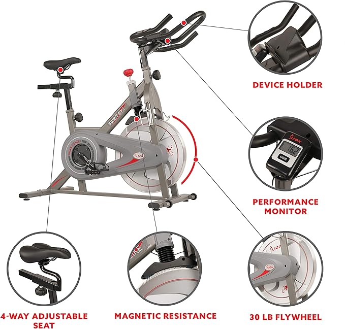 Sunny Health & Fitness Indoor Cycling Exercise Bike w/Pulse Sensors & 4-Way Adjustable Seat