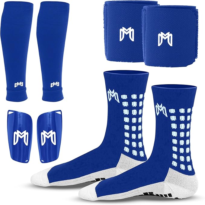 Soccer Grip Socks, Shin Guards, Pre Cut Sock Sleeves, and Guard Straps Bundle Pack - Essential