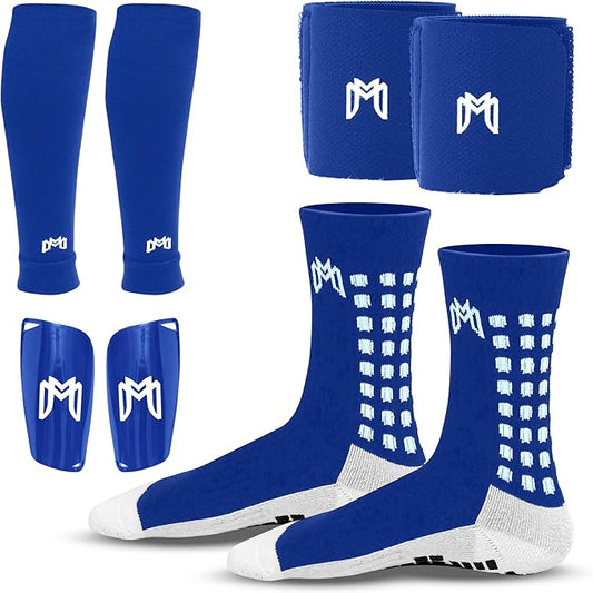 Soccer Grip Socks, Shin Guards, Pre Cut Sock Sleeves, and Guard Straps Bundle Pack - Essential