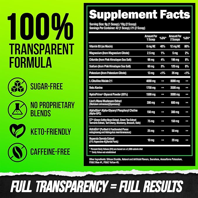 ALPHA LION Superhuman Pump Pre Workout Powder, Nootropic Caffeine & Stim Free Preworkout