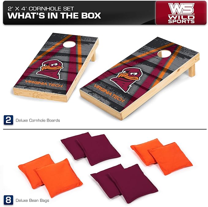 Wild Sports NCAA College 2' x 4' Wood Direct Print Tournament Cornhole Set, 8 Bean Bags, Vintage