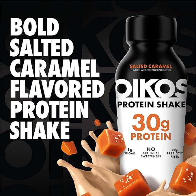 Oikos Protein Shake, Salted Caramel, 30g High Protein Drinks, Shelf Stable, Ready to Drink, 5g