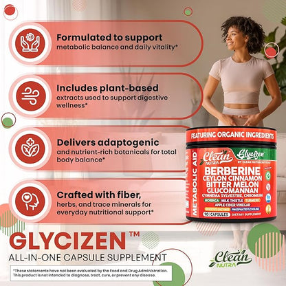 Clean Nutra Berberine and Ceylon Cinnamon Supplement Bitter Melon Glucomannan Gymnema Sylvestre