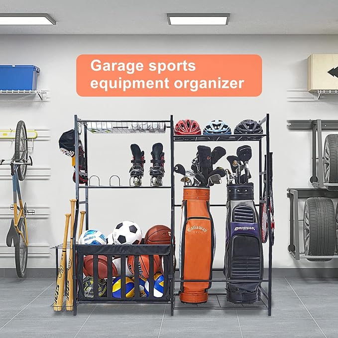 WALMANN Garage Sports Equipment Organizer, Golf Bag Stand for Garage Ball Storage Rack