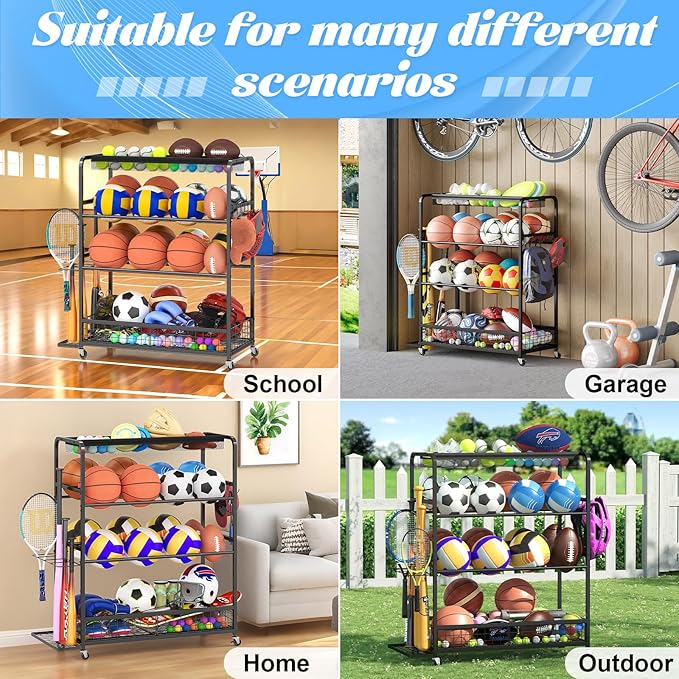 Garage Sports Equipment Storage Rack,Wheeled Sports Ball Storage Box,Double-Tier Double-Row