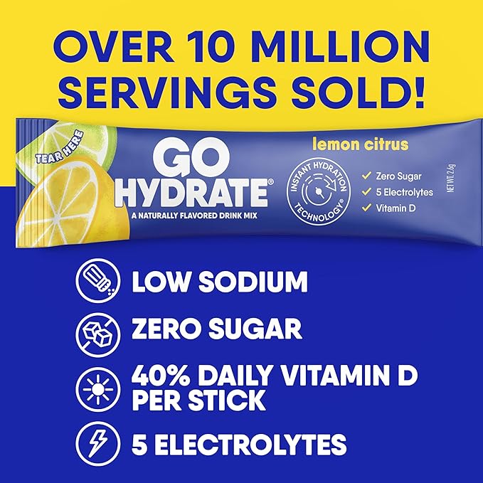 GoHydrate Instant Hydration Powder Packets - Low Sodium Electrolytes Drink Mix - Natural Hydration