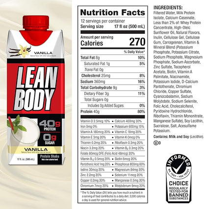 Lean Body Ready-to-Drink Vanilla Protein Shake, 40g Protein, Whey Blend, 0 Sugar, Gluten Free, 22