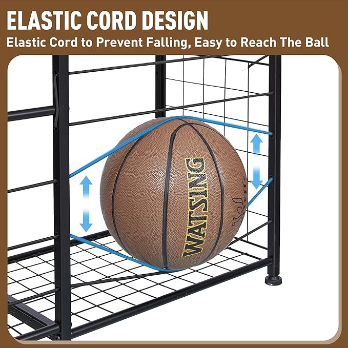 Garage Sports Equipment Organizer - Ball Storage Rack with Elastic Rope or Wire Mesh,Garage