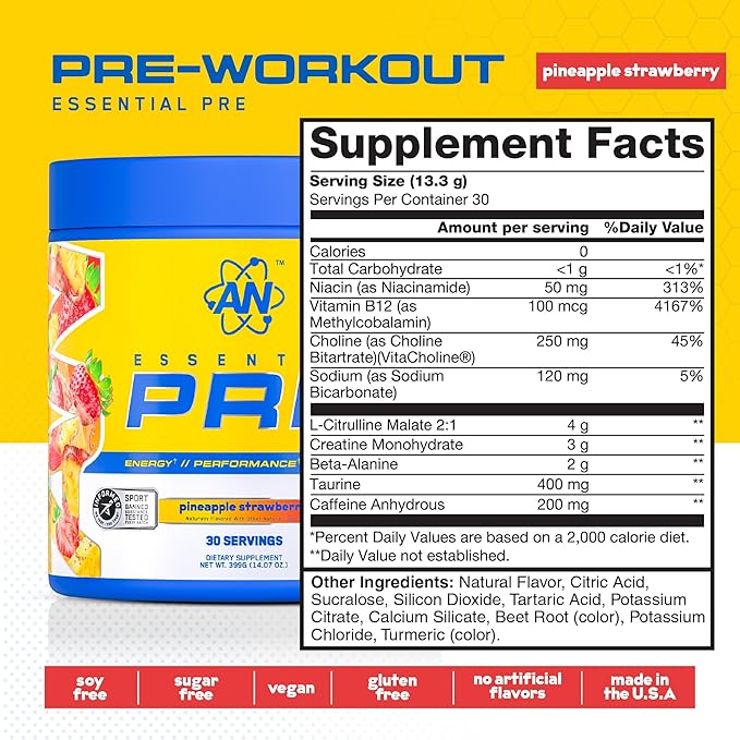 AN Essentials Pre-Workout Powder Supplement for Men & Women | Energy Mix with 200mg Caffeine, Beta