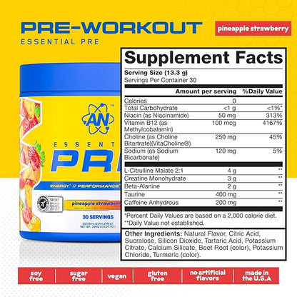 AN Essentials Pre-Workout Powder Supplement for Men & Women | Energy Mix with 200mg Caffeine, Beta