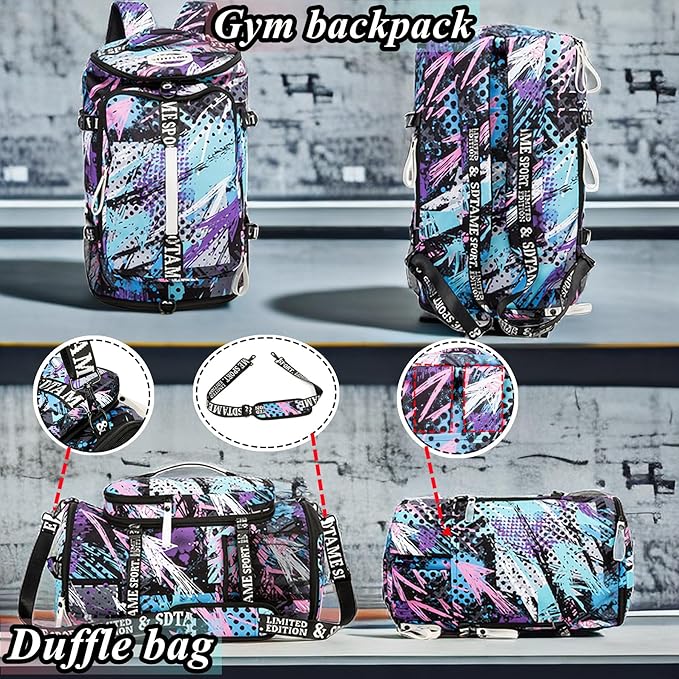 Gym Duffle Bag Backpack with Shoe Compartment,4 ways Travel Backpack for Women and