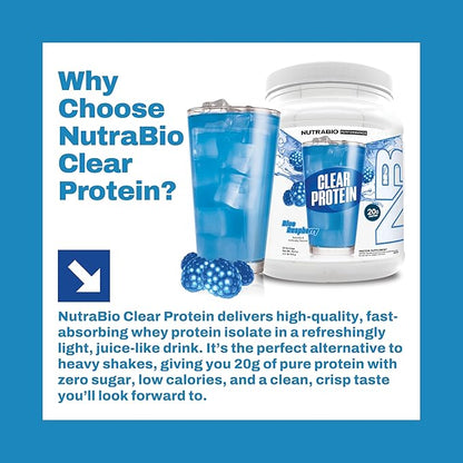NutraBio Clear Protein Powder, Blue Raspberry - 20 Servings, 20g Clear Whey Protein Isolate, 0