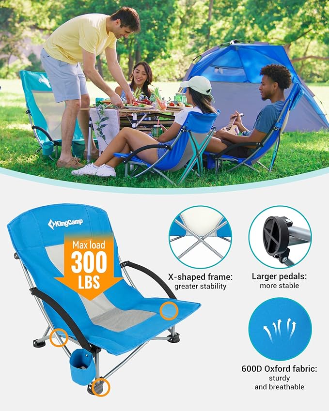 KingCamp Low Beach Chairs, Portable Folding Chair for Adults Extra Wide Ergonomic High Back Seat