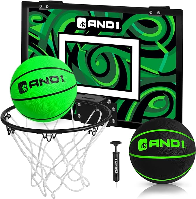 AND1 Over the Door Mini Basketball Hoop: 18x12 Shatterproof Backboard, 2 Mini Basketballs, and Hand