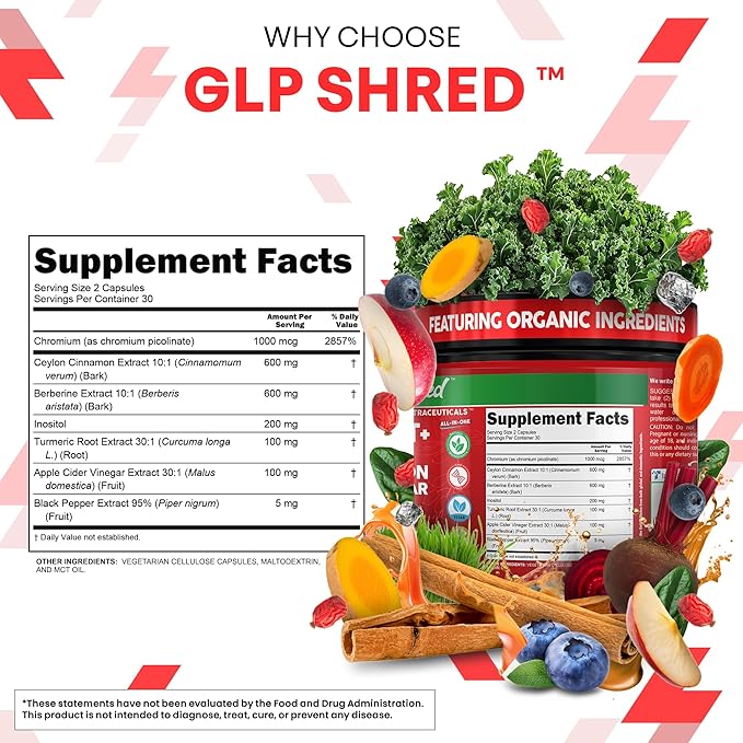 GLP1 Supplement Berberine Ceylon Cinnamon Apple Cider Vinegar Chromium Turmeric PCOS Supplements