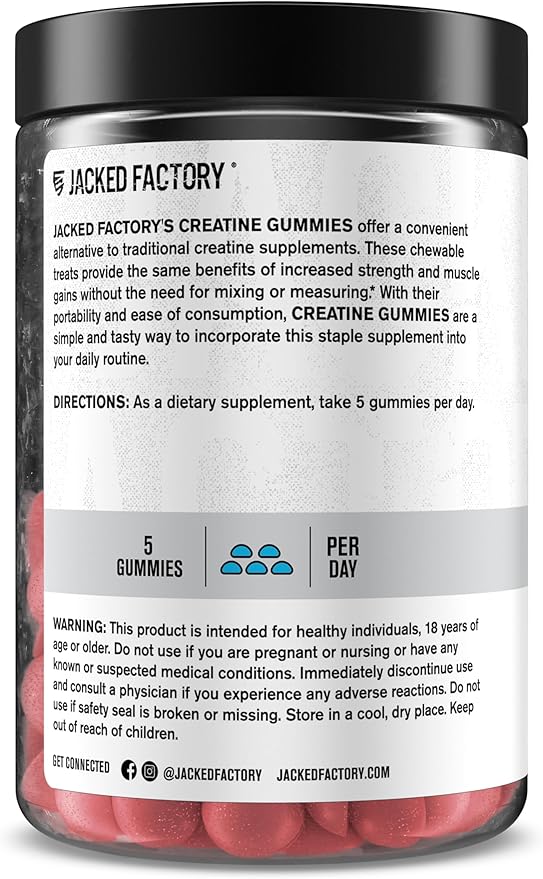 Jacked Factory Creatine Monohydrate Gummies 5g Daily Dose (1g per Gummy) - Creatine Gummy for Men