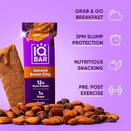 IQBAR Brain and Body Plant Protein Bars - Almond Butter Chip - 12-Count Low Carb - Gluten Free