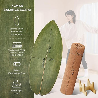 XCMAN Surf Balance Board Trainer with Roller Wooden Exercise Balancing Stability Trainer - Non Slip