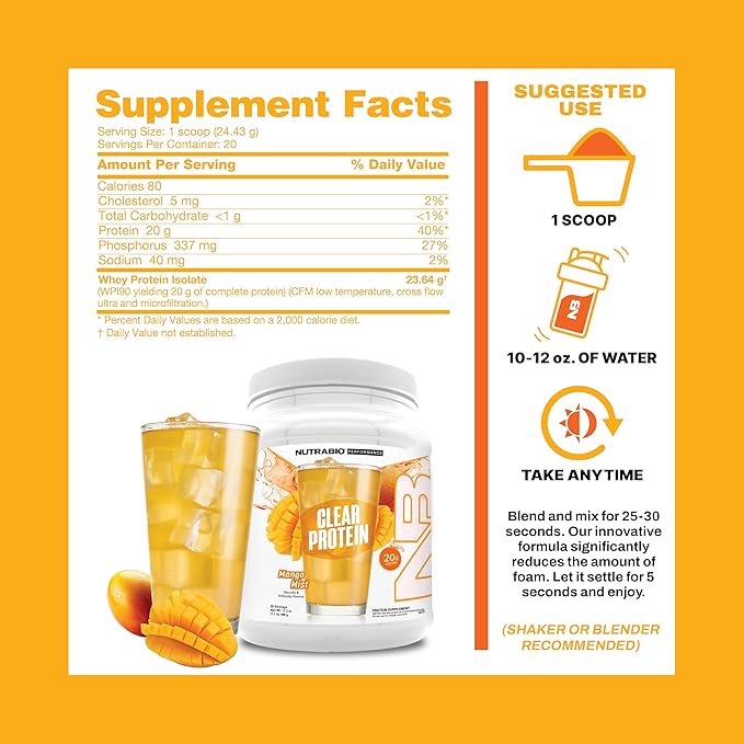 NutraBio Clear Protein Powder, Mango Mist - 20 Servings, 20g Clear Whey Protein Isolate, 0 Sugar