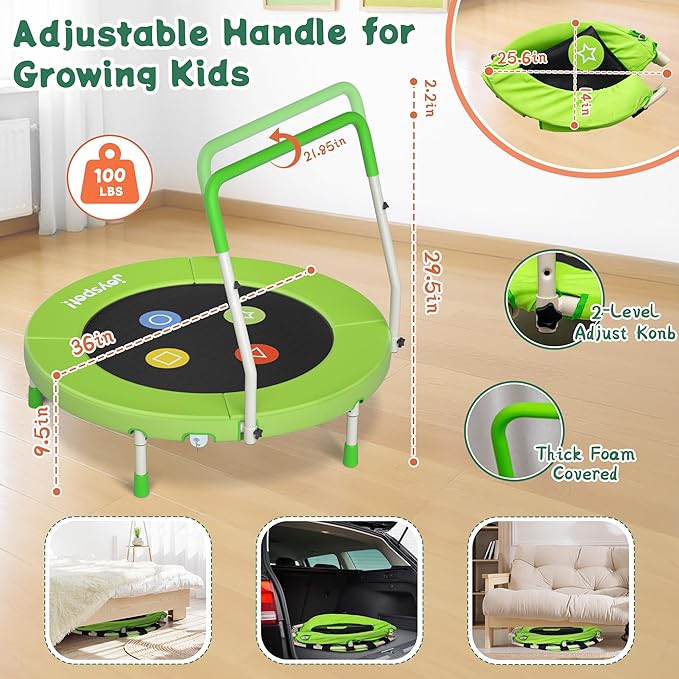 3FT Toddler Trampoline with Adjustable Handlebar, 36" Foldable & Spring-Free, Mini Kids Indoor