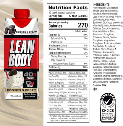Lean Body Ready-to-Drink Cookies and Cream Protein Shake, 40g Protein, Whey Blend , 0 Sugar, Gluten