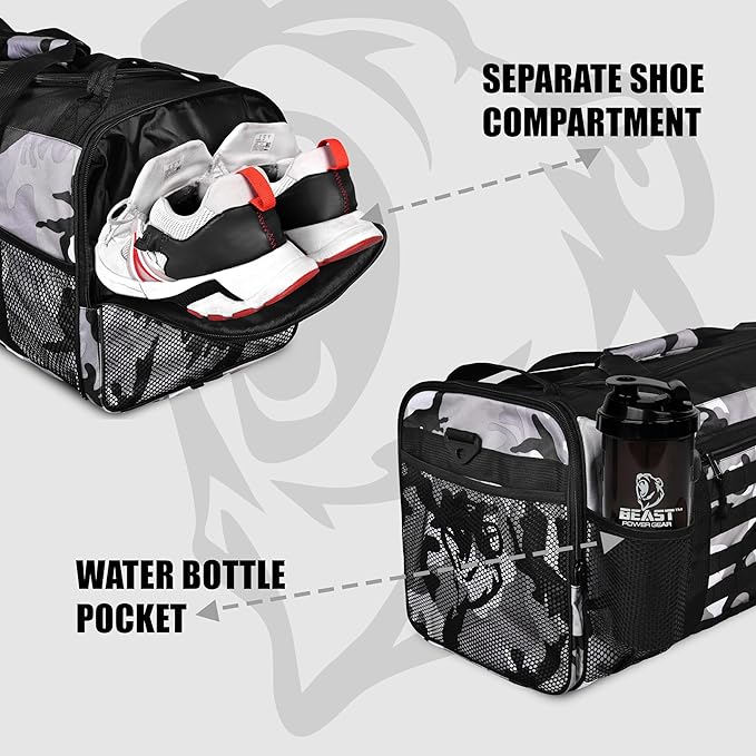 Unisex Duffel Bag Gray Camo, Extra Roomy Waterproof Gym Bag For Women with Shoe Compartment, Sports