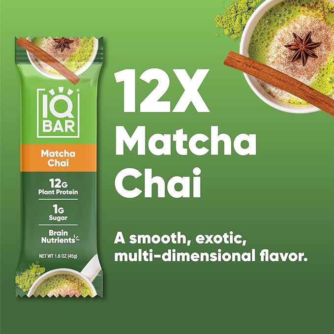 IQBAR Brain and Body Plant Protein Bars - Matcha Chai - 12-Count Low Carb - Gluten Free, High